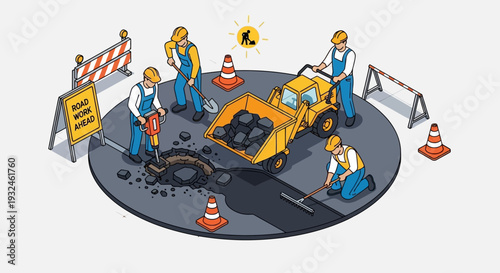 Construction crew working on road repairs with heavy machinery and tools, creating a modern illustration