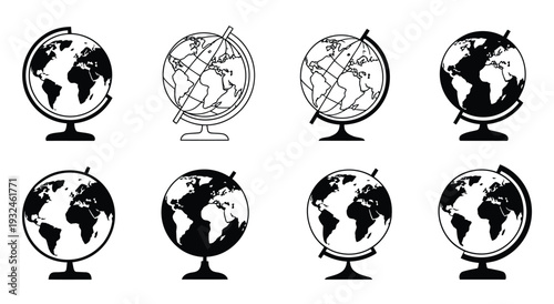 black and white globe icons isolated on a plain background representing global network, international business