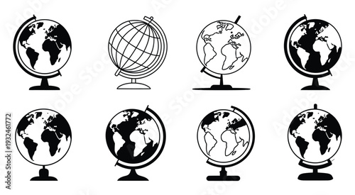 black and white globe icons on a plain background featuring world map symbols, global communication concepts, earth silhouettes