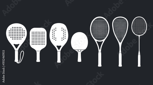 Vector Racket Sports Equipment Collection | Tennis, Badminton, Padel, Beach Tennis, Table Tennis | Minimalist Silhouette Design Icons for Athletic Gear and Sports Branding