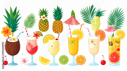 Tropical Coconut and Pineapple Cocktail Drinks Vector Set with Flowers and Citrus Garnish