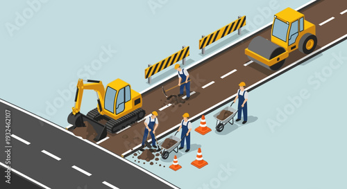 Isometric view of road construction with heavy machinery and workers repairing the asphalt