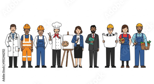 Diverse group of professionals representing various occupations and careers standing together.