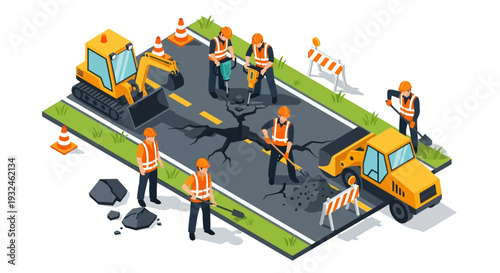 Road construction and repair with heavy machinery and workers