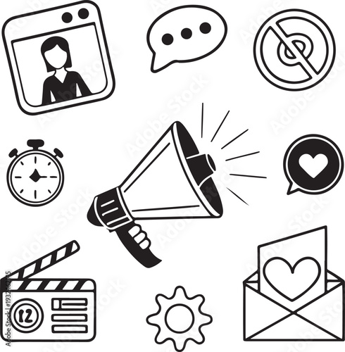 Digital Marketing Line Icon Set – Social Media, Analytics, Communication and Advertising Outline Vector Icons Collection
