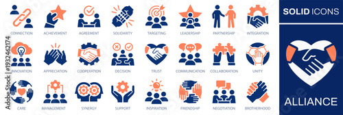 Alliance and teamwork icons set. Representing partnership, cooperation, leadership, trust, communication, and business collaboration. Solid vector icons collection.