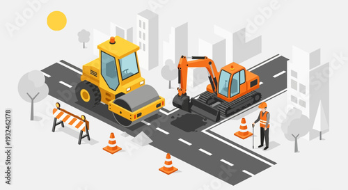 Isometric illustration of road construction with heavy machinery and safety equipment