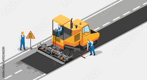 Road construction in progress with asphalt paving machine and workers