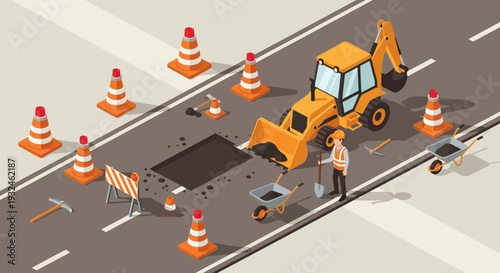 Road construction and repair, heavy machinery, and traffic safety equipment illustration
