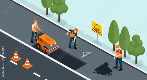 Road repair work with asphalt and machinery, safety cones, and warning signs