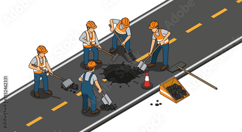 Construction workers repairing a pothole on a city road, road maintenance and infrastructure development concept