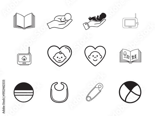 Baby Care Line Icons Set – Parenting, Feeding, Toys, Hygiene Illustrations