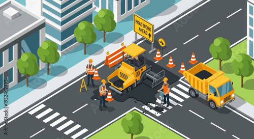 City road construction and repair scene with workers, paving machine, and dump truck