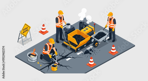 Construction workers repairing a cracked road with asphalt paving equipment and safety cones