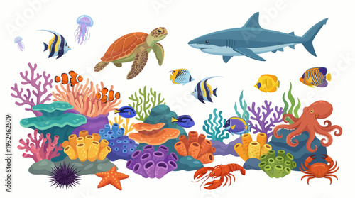Vibrant ocean reef cartoon scene featuring marine life, coral, and diverse sea creatures from a top-down viewpoint