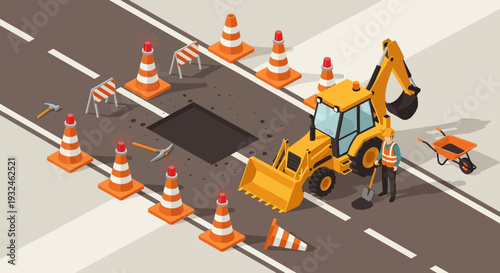 Road construction scene with excavator, safety cones, and tools for repair work