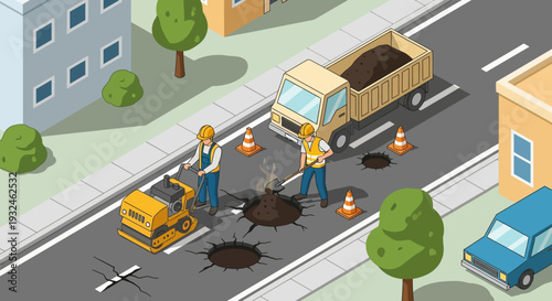 Roadwork and City Infrastructure Repair with Construction Workers and Equipment