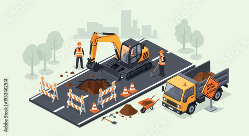 Construction workers and heavy machinery repairing a road with traffic cones and barriers
