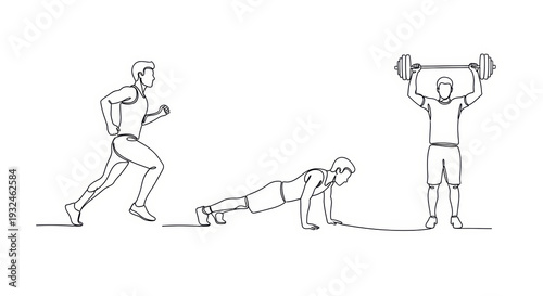 Man doing exercises: running, push-ups, and weightlifting. Fitness and healthy lifestyle.