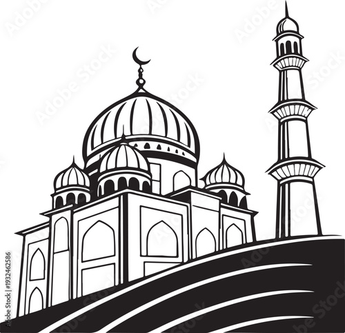 Minimal Line Art Mosque Illustration with Dome and Minaret – Islamic Architecture Outline Vector for Ramadan and Eid Design