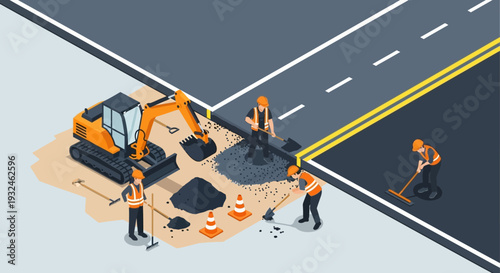 Road construction and repair with excavator and workers