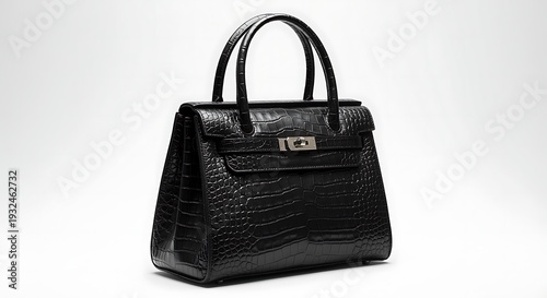 Black crocodile leather handbag with silver hardware and two handles on white background