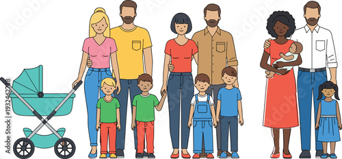 Set of Diverse Happy Families with Children and Newborn Baby, Parenthood and Family Portrait Vector Illustration