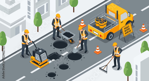 Road construction and maintenance workers repairing asphalt and pavement on city street