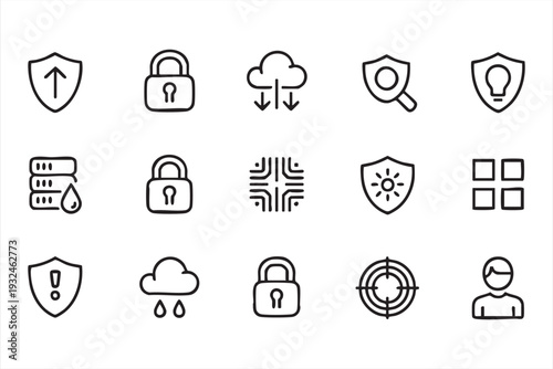 Cybersecurity Line Icons Set with Lock Shield and Cloud Protection