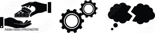 Flat Vector Icon Set for Business Process and Project Management Featuring Resource Sharing, Mechanical Engineering Gears, and Creative Thinking Cloud with Puzzle Piece Connection