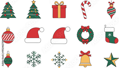Christmas Icon Collection with Tree Santa Hat Gift Candy Cane Wreath Snowflake and Festive Holiday Decorations Vector Illustration