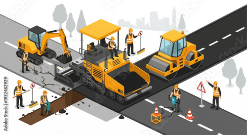 Road construction and repair work with heavy machinery and workers