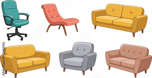 Modern Furniture Vector Set Featuring Teal Office Chair Yellow Sofa and Stylish Armchairs for Contemporary Interior Design Home Office and Living Room Concepts