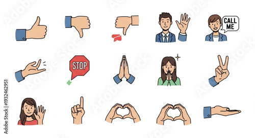 Collection of various hand gestures and facial expressions in a colorful illustration.
