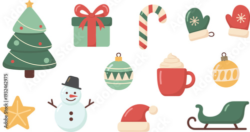 Christmas Winter Illustration Set with Tree Gift Candy Cane Mittens Snowman Sleigh and Cozy Holiday Elements Vector Collection