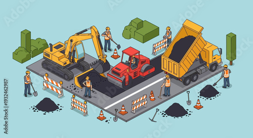 Isometric illustration of road construction and repair with heavy machinery and workers