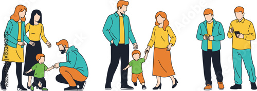 Set of People in Daily Life Activities, Parents with Child and Friends Using Smartphones Vector Illustration