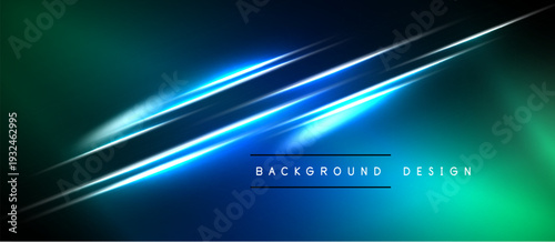 Abstract background features vibrant blue lines, gradients. Dark tones contrast bright teal, creating modern visual effect.