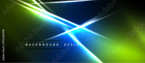 Abstract neon lights create dynamic lines, gradients. Vivid blue, green hues dominate dark background. Modern design element.