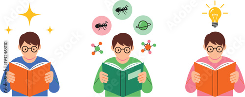 Set of Smart Student Reading Books with Science, Astronomy and Creative Ideas, Education and Knowledge Concept Vector Illustration