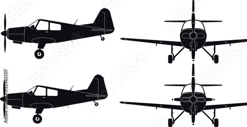 Photos Small propeller airplane silhouette set with side and front views, black vector