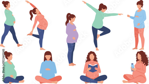 Pregnant Women Lifestyle Activities Set with Yoga, Walking, Sitting and Reading Poses in Flat Cartoon Vector Illustration