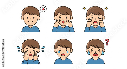 A collection of illustrations depicting a young boy expressing various emotions and feelings.