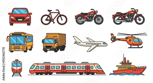 Collection of various transportation vehicles in a colorful illustration.