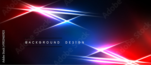 Dark background features vibrant neon lines, creating abstract light streaks. Red, blue, pink hues dominate composition. Modern design element.