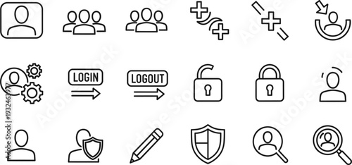 User Account and Authentication Line Icon Set with Login Logout Password Security Shield and Profile Management Symbols Vector Illustration