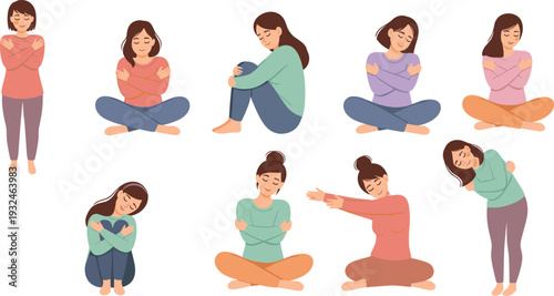 Self Love and Emotional Wellness Women Collection with Hugging Gestures and Relaxing Poses in Flat Vector Illustration