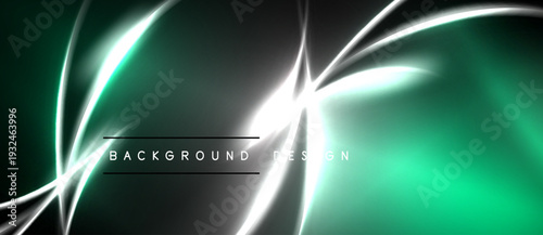 Abstract background features glowing lines, teal hues, dark shadows. Modern design evokes energy, dynamism, sleekness.