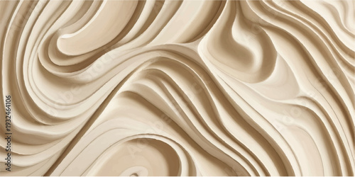 Abstract close-up of layered, undulating wooden panels. The grain details are prominently featured, creating a pattern of flowing, curved forms. The light and shadow play adds depth