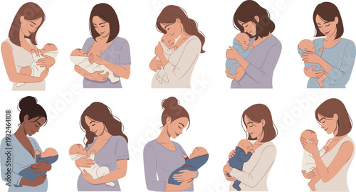 Set of Diverse Mothers Breastfeeding and Cuddling Newborn Babies, Vector Illustrations for Maternity Healthcare, Postpartum Support, Parenting Blogs, and Infographic Designs